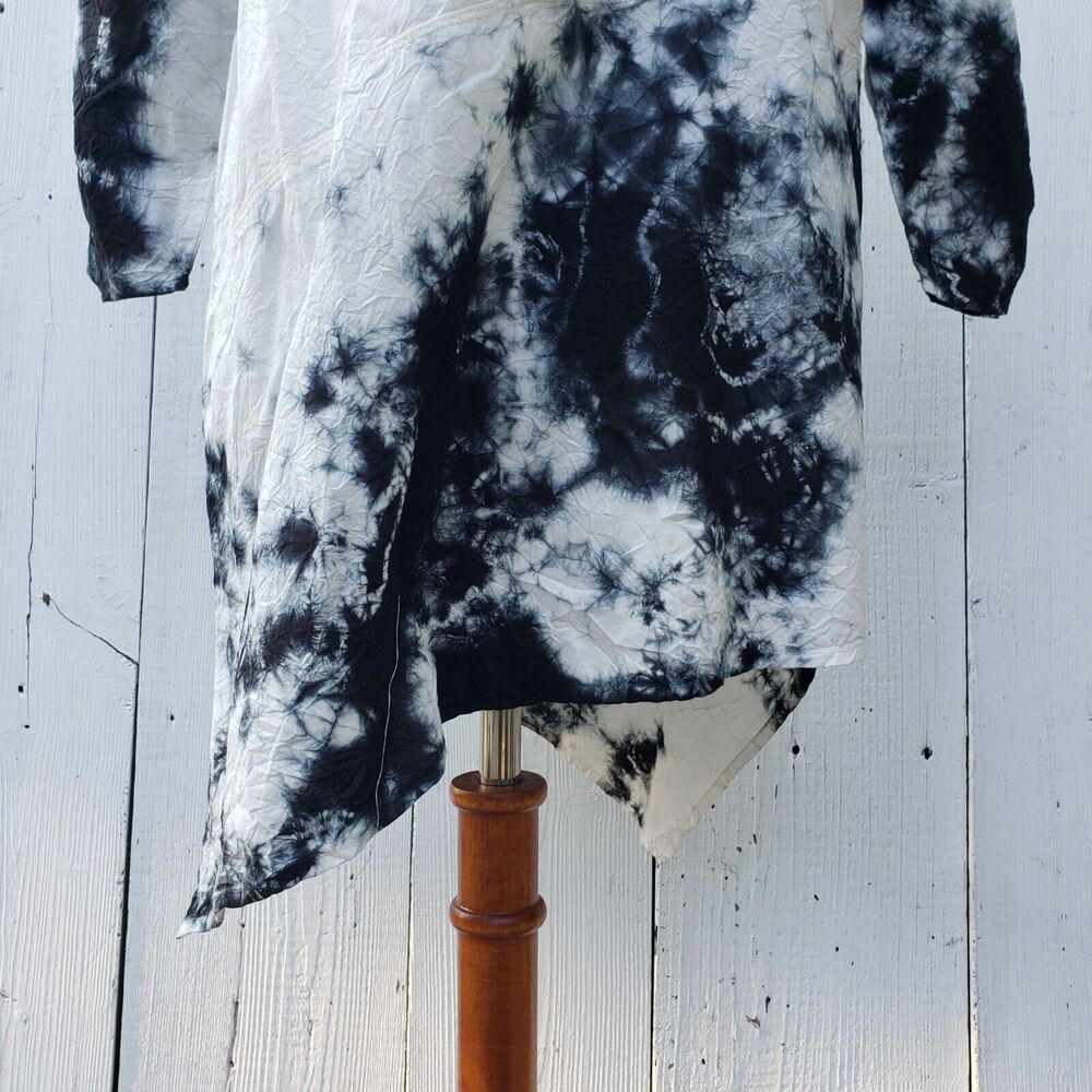 XCVI Women White Tie Dye Collared Half Button 3/4 Sleeve Cotton Blend Tunic Sz L - Picture 4 of 10